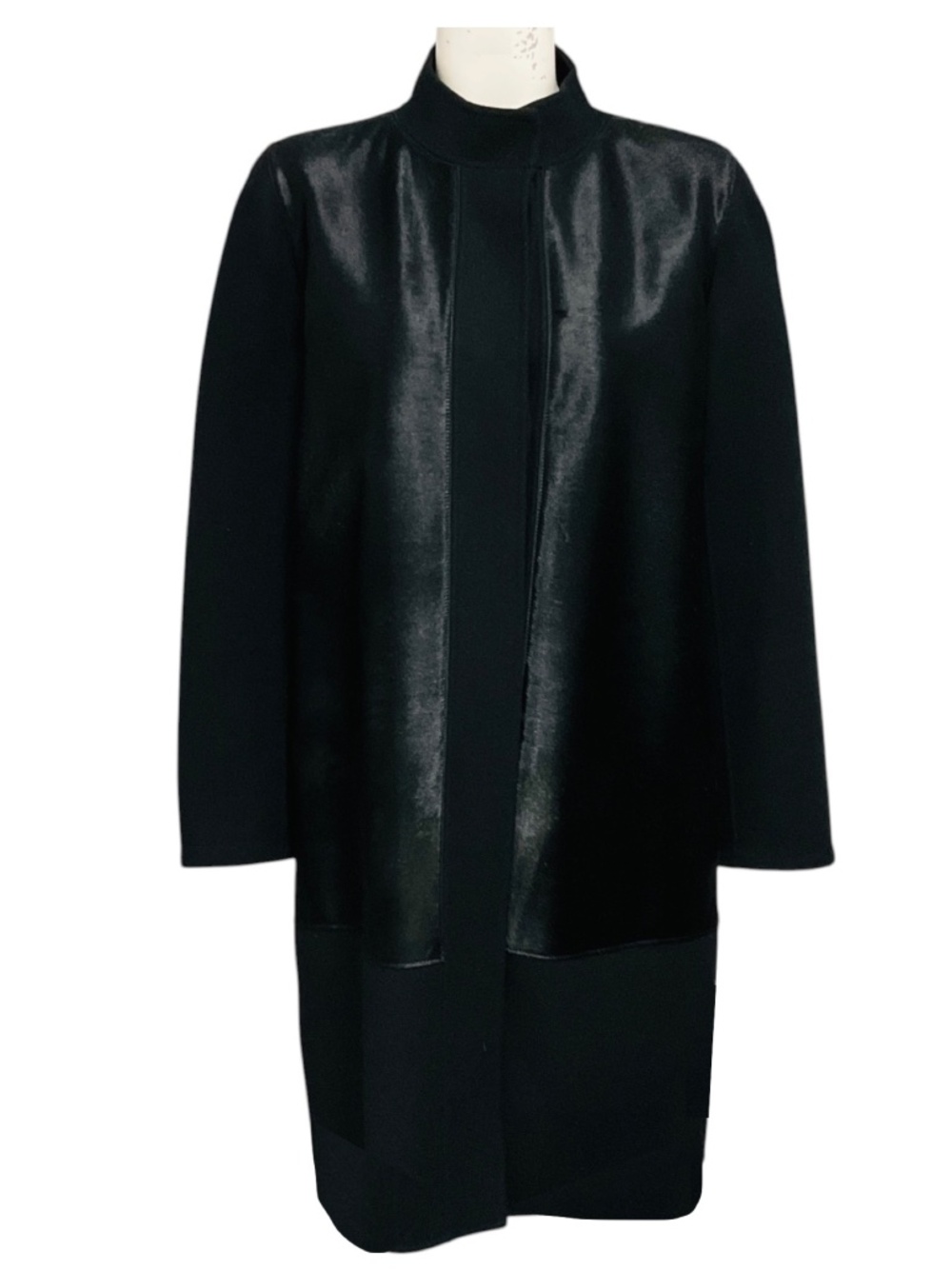 Vince Black Wool Coat with Calf Hair Trim